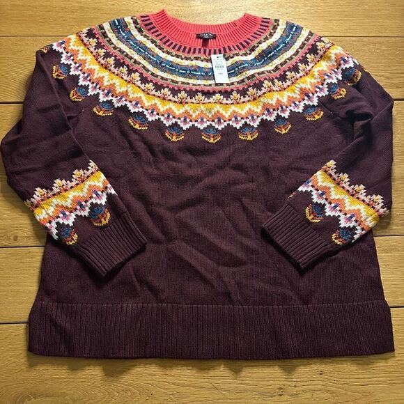 NWT Talbots fair isle yoke crewneck sweater maroon medium petite - Picture 1 of 8